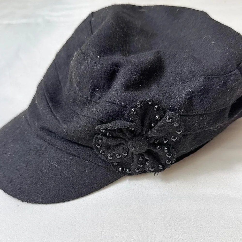 Black Flower Cadet Hat  Y2K Collection Eighteen  black wool blend cadet cap